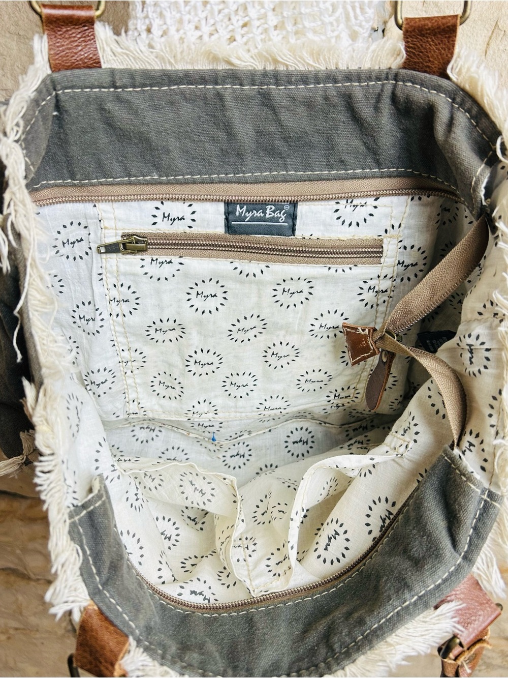 Myra Bag -Canvas and Leather Gray-Tan Tote Bag with Cream Pattern - Picture 3 of 5